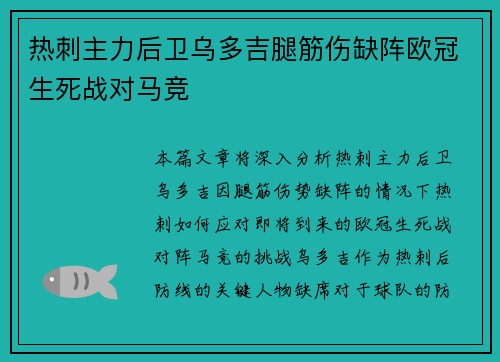 热刺主力后卫乌多吉腿筋伤缺阵欧冠生死战对马竞